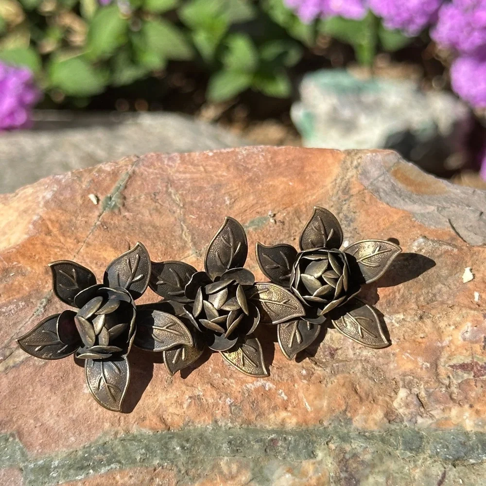 Antique Brass Floral Rose Brooch Trio - Bronze Toned Flower Pin 3” x 1”